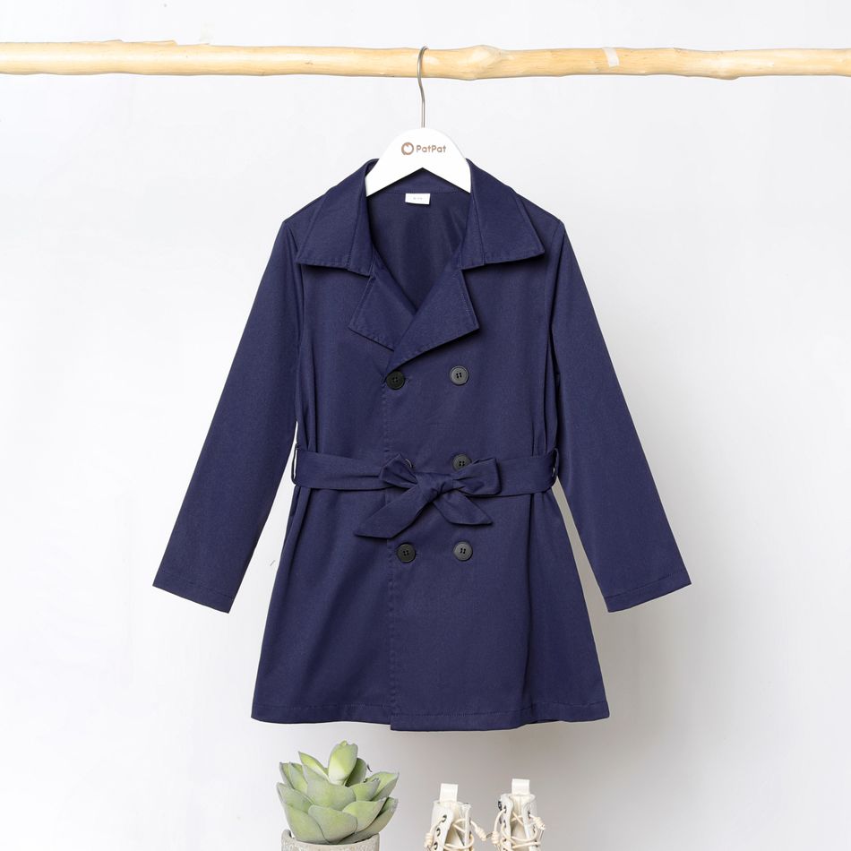 Kid Boy/Kid Girl Solid Color Lapel Collar Double Breasted Belted Trench Coat Deep Blue big image 1