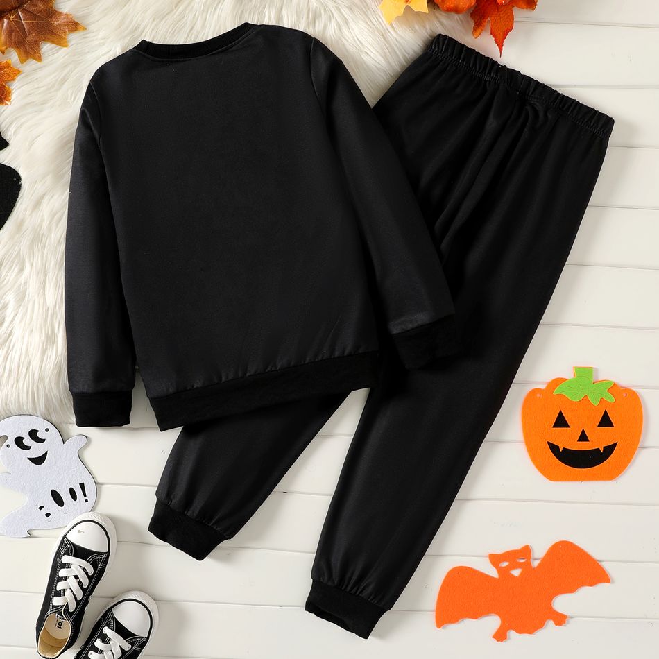 2pcs Kid Boy Halloween Luminous Skeleton Print Black Pullover Sweatshirt and Pants Set Black big image 6