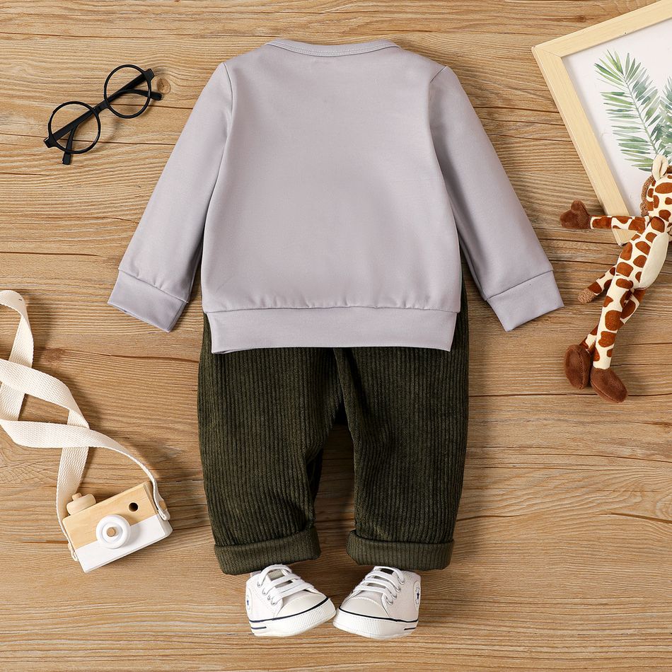 2pcs Baby Boy Animal Print Long-sleeve Sweatshirt and Solid Ribbed Pants Set blackishgreen big image 2