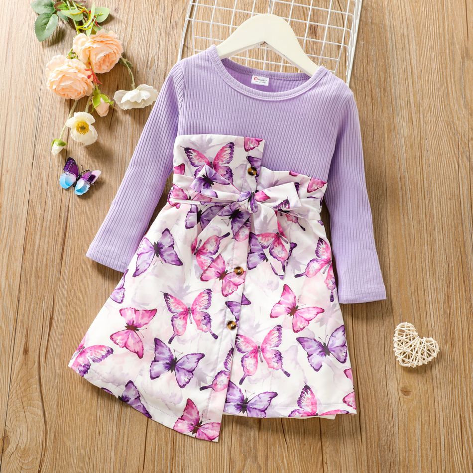 Toddler Girl Sweet Butterfly Print Splice Irregular Hem Long-sleeve Dress Purple