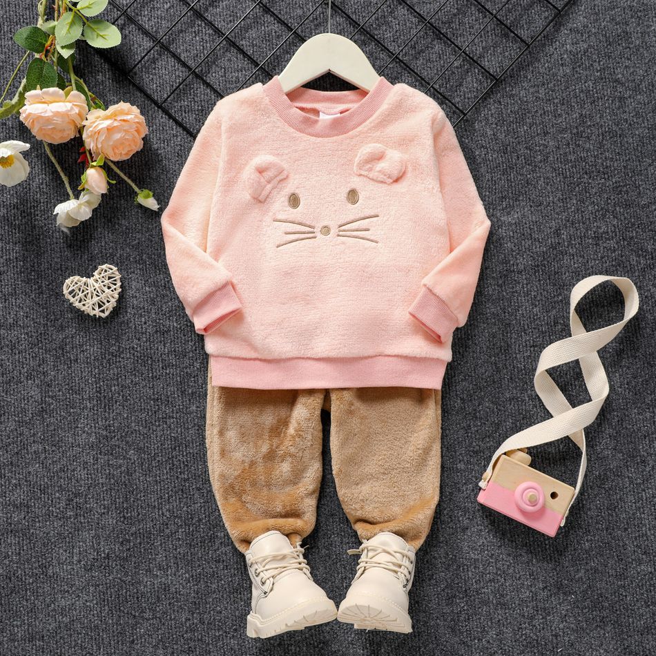 2pcs Toddler Girl/Boy Playful Animal Embroidered Flannel Fleece Sweatshirt and Pants Set Light Pink