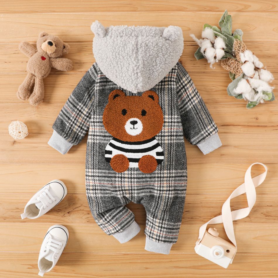 Baby Boy/Girl Thickened Polar Fleece Lined Fuzzy Hooded Spliced Bear Embroidered Plaid Long-sleeve Jumpsuit Grey