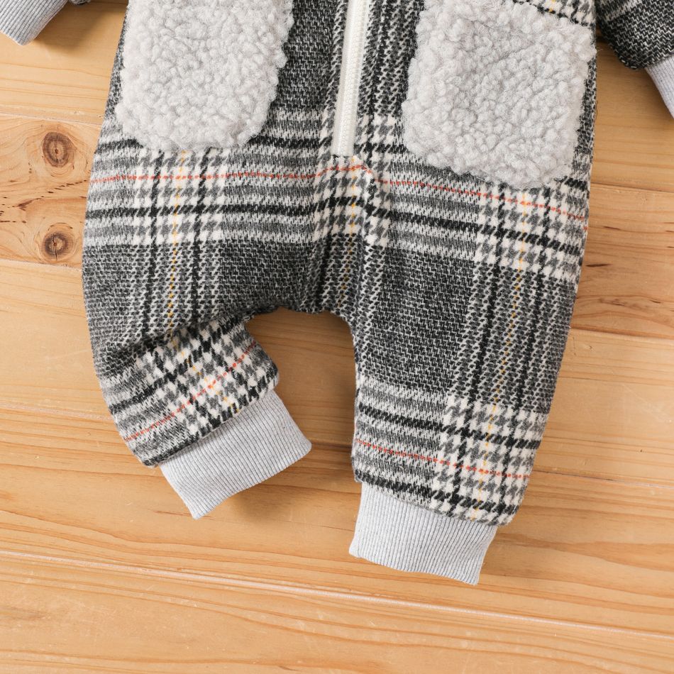 Baby Boy/Girl Thickened Polar Fleece Lined Fuzzy Hooded Spliced Bear Embroidered Plaid Long-sleeve Jumpsuit Grey big image 3