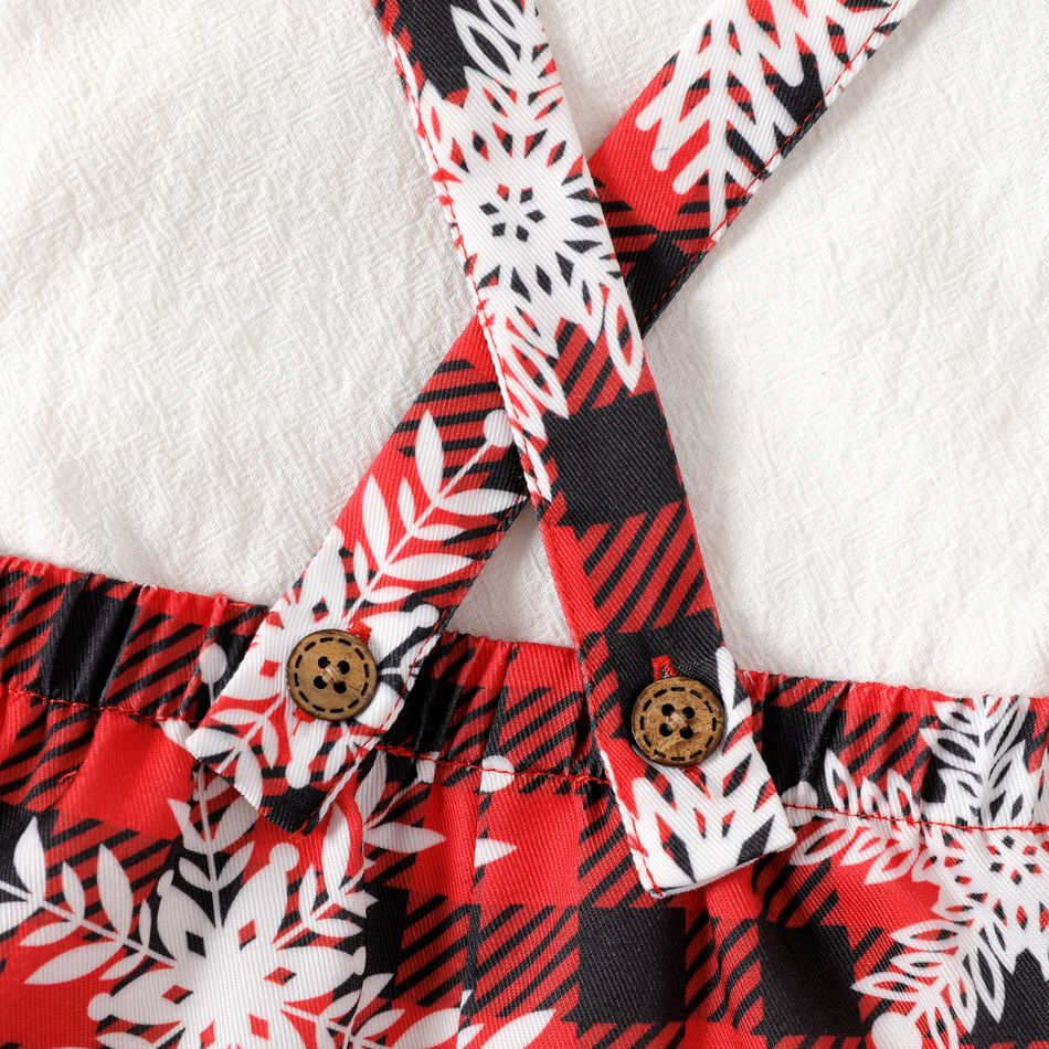 Christmas 2pcs Baby Boy 100% Cotton Short-sleeve Bow Tie Decor Shirt and Snowflake Print Red Plaid Suspender Shorts Set REDWHITE big image 4