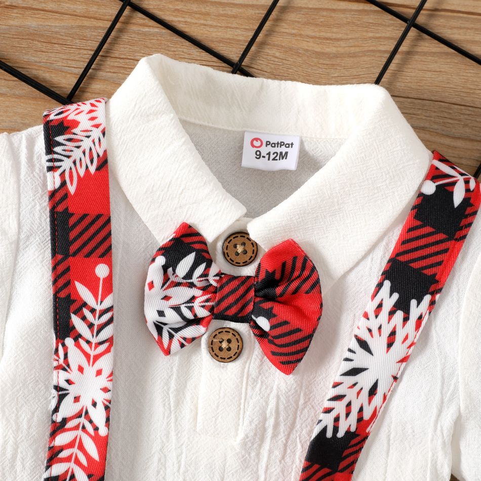 Christmas 2pcs Baby Boy 100% Cotton Short-sleeve Bow Tie Decor Shirt and Snowflake Print Red Plaid Suspender Shorts Set REDWHITE big image 3