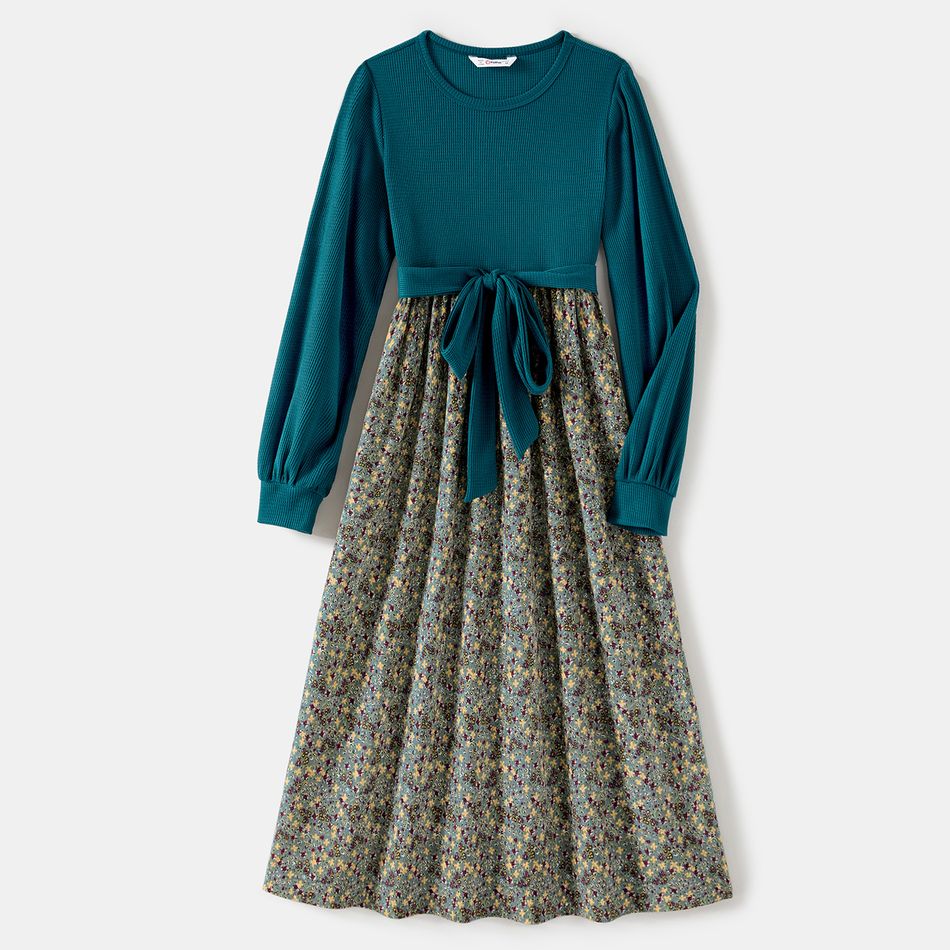 Solid Textured Spliced Floral Print Corduroy Belted Long-sleeve Dress for Mom and Me DeepTurquoise big image 2