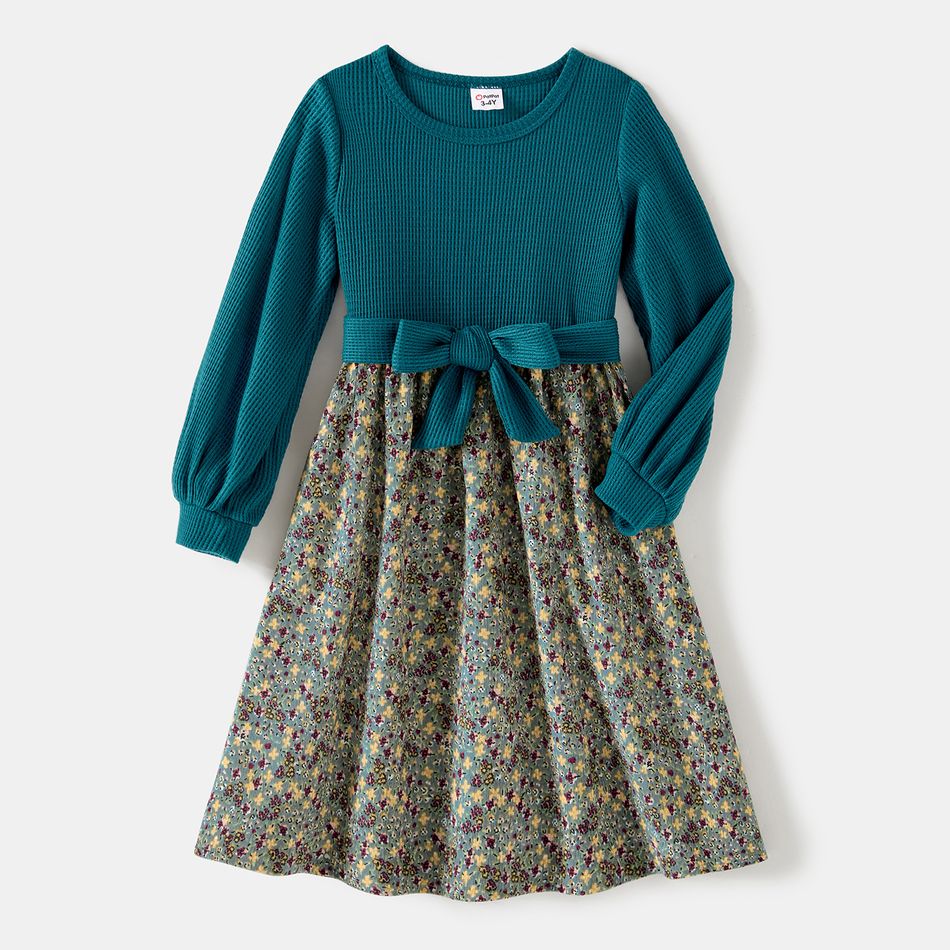 Solid Textured Spliced Floral Print Corduroy Belted Long-sleeve Dress for Mom and Me DeepTurquoise big image 7