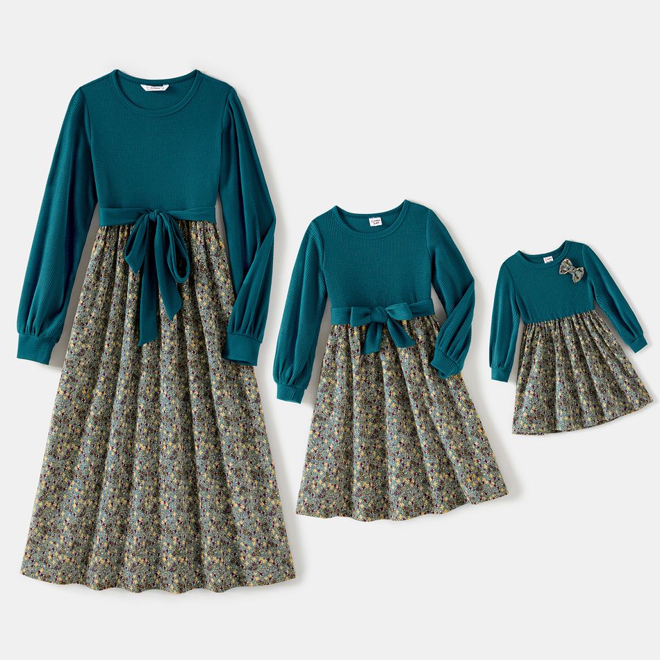 Solid Textured Spliced Floral Print Corduroy Belted Long-sleeve Dress for Mom and Me DeepTurquoise big image 1