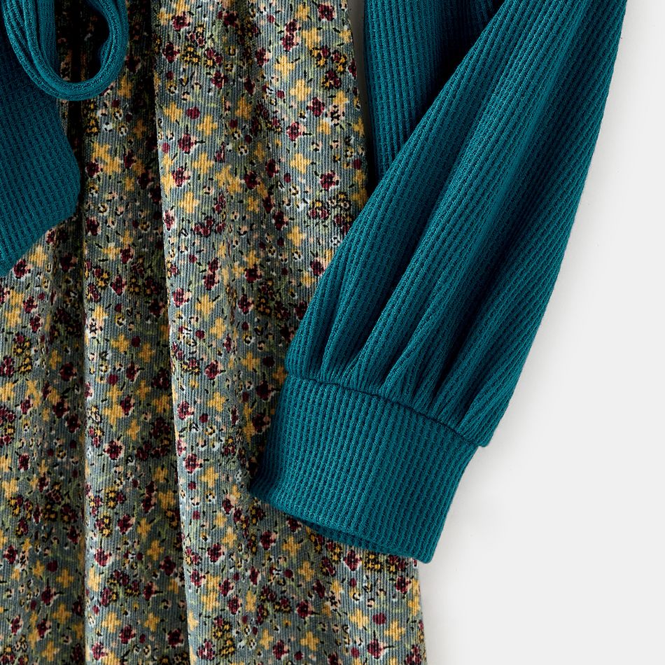 Solid Textured Spliced Floral Print Corduroy Belted Long-sleeve Dress for Mom and Me DeepTurquoise big image 5