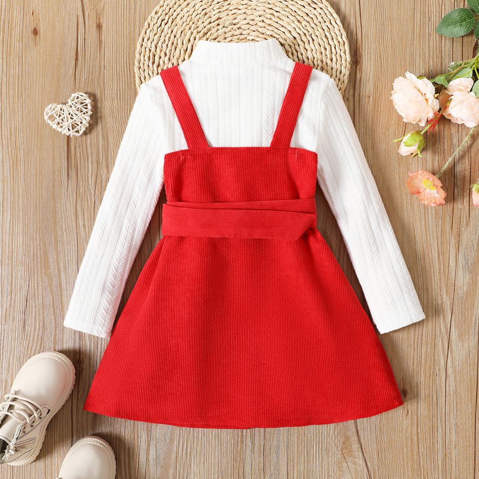 2pcs Toddler Girl Mock Neck Textured White Tee and Button Design Belted Red Overall Dress Set REDWHITE big image 2