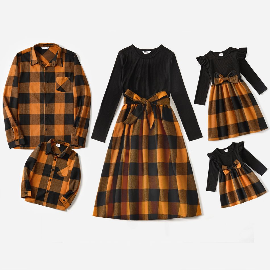 Family Matching Long-sleeve Solid Rib Knit Spliced Plaid Dresses and Button Up Shirts Sets Orangeyellow