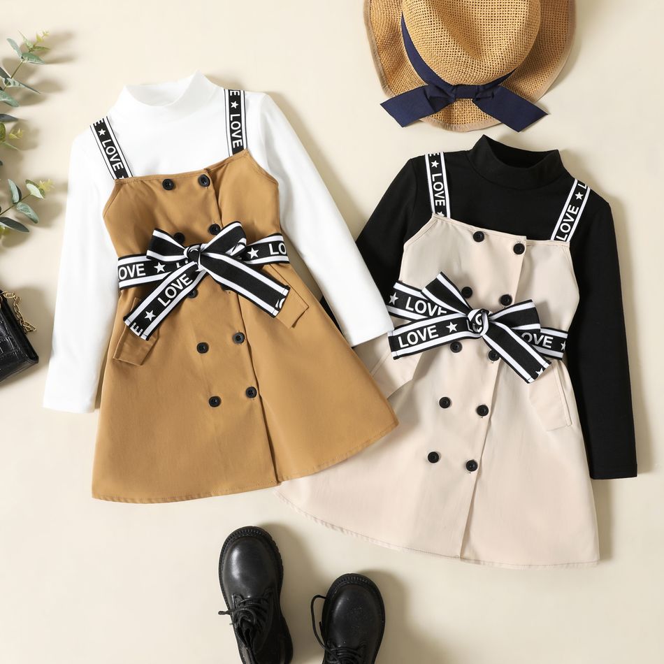 2-piece Toddler Girl Solid Long-sleeve Top and Double Breasted Dress Set Khaki big image 2