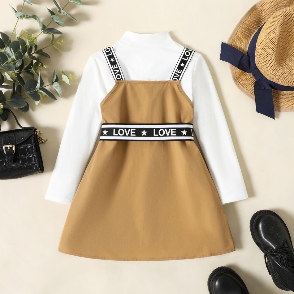 2-piece Toddler Girl Solid Long-sleeve Top and Double Breasted Dress Set Khaki big image 3