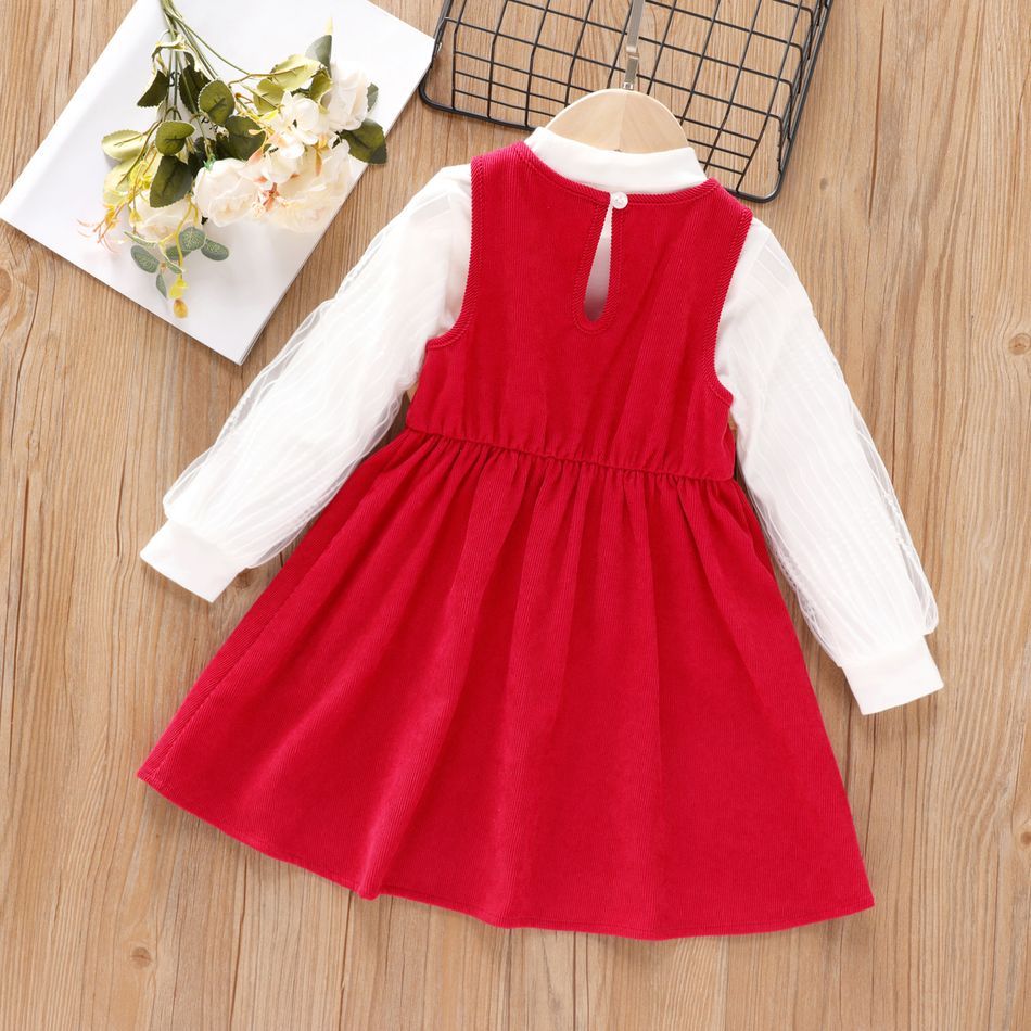 2 قطع طفل فتاة عيد الميلاد وهمية الرقبة شبكة طويلة الأكمام المحملة و bowknot تصميم بلا أكمام اللباس مجموعة أحمر big image 2