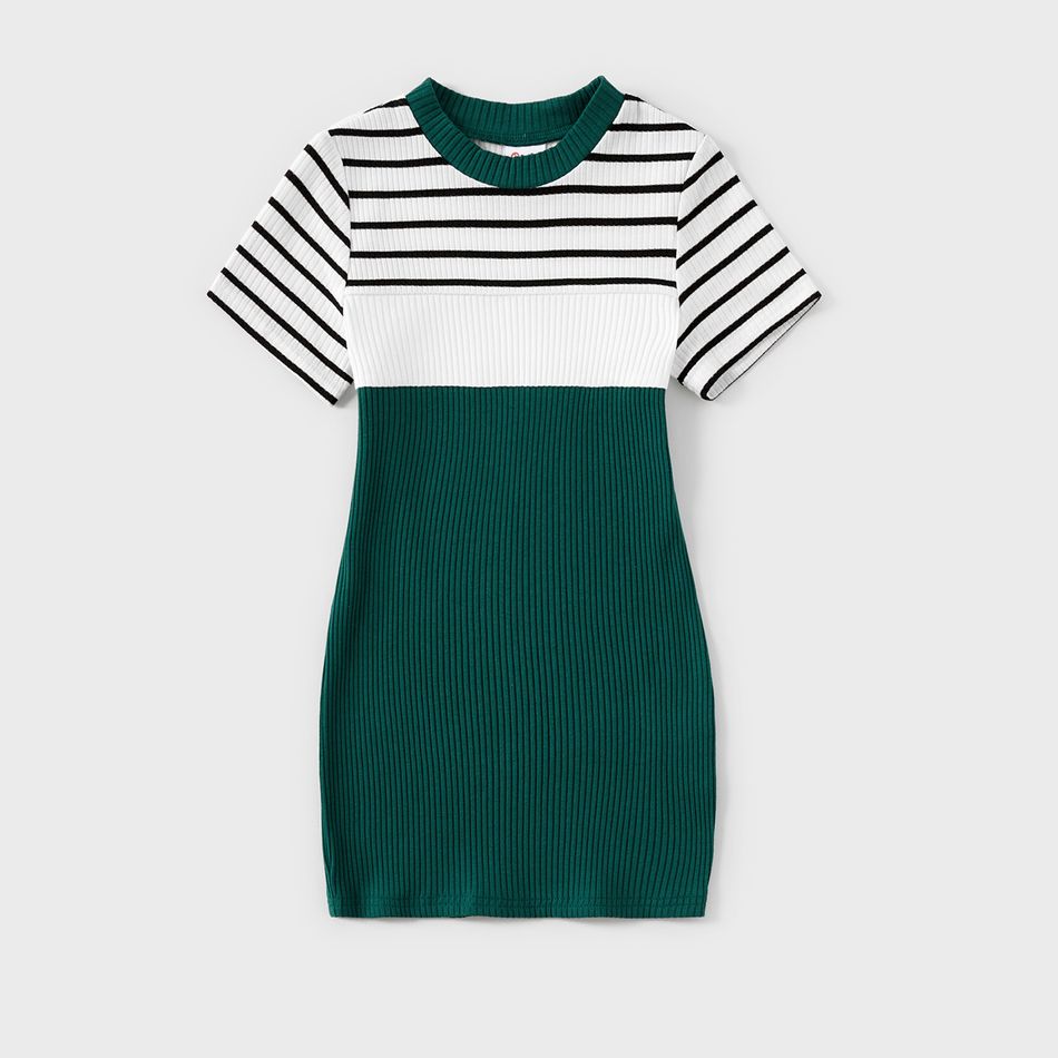 Family Matching Striped Colorblock Spliced Rib Knit Short-sleeve Bodycon Dresses and Tops Sets greenwhite big image 5