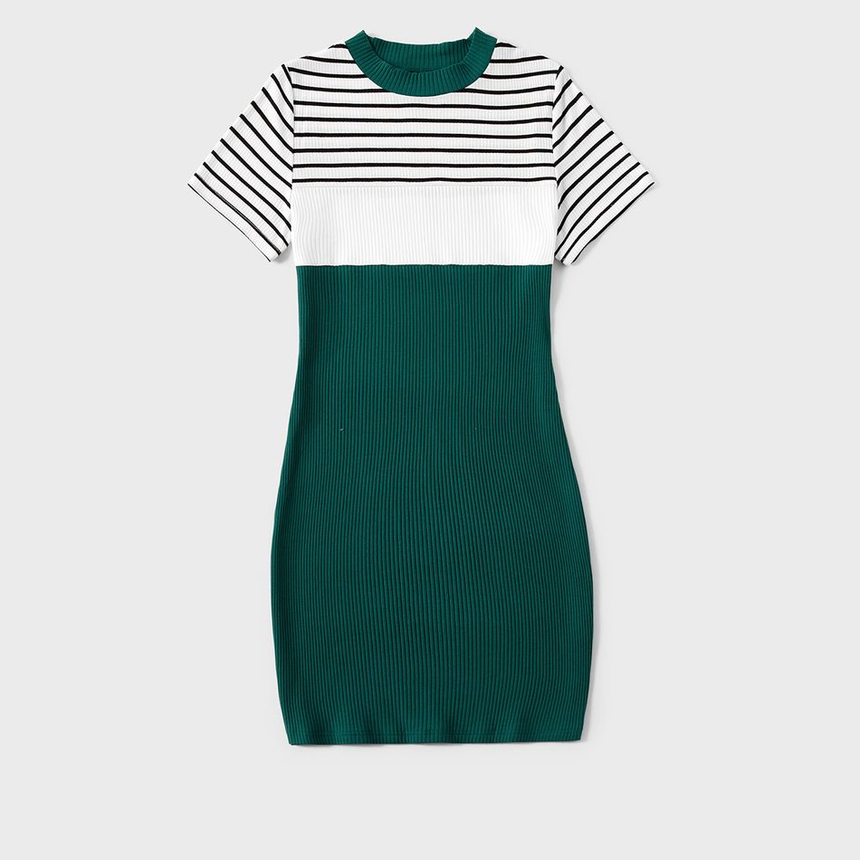 Family Matching Striped Colorblock Spliced Rib Knit Short-sleeve Bodycon Dresses and Tops Sets greenwhite big image 2