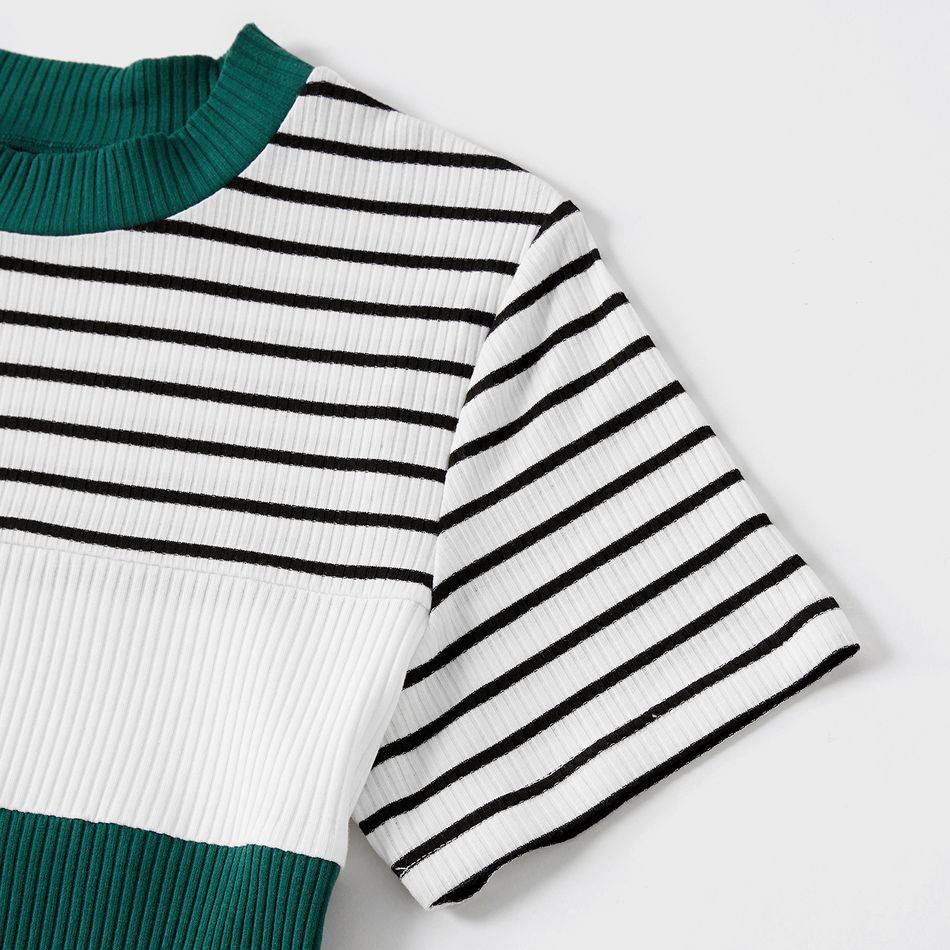Family Matching Striped Colorblock Spliced Rib Knit Short-sleeve Bodycon Dresses and Tops Sets greenwhite big image 6