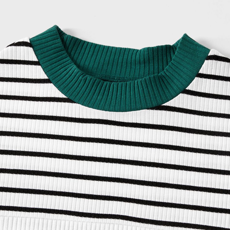 Family Matching Striped Colorblock Spliced Rib Knit Short-sleeve Bodycon Dresses and Tops Sets greenwhite big image 3