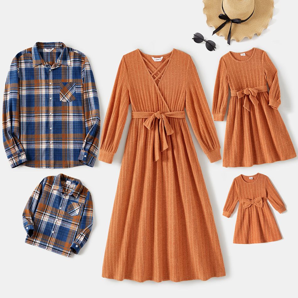 Family Matching Long-sleeve Solid Rib Knit Belted Midi Dresses and Button Up Plaid Shirts Sets Orange