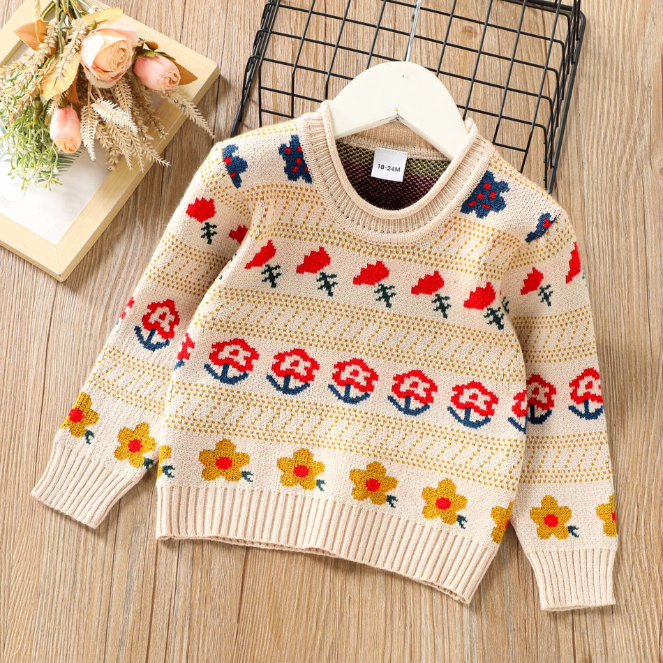 Toddler Girl Sweet Floral Jacquard Knit Sweater Apricot big image 1