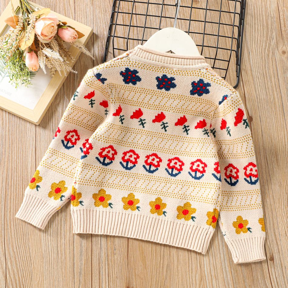 Toddler Girl Sweet Floral Jacquard Knit Sweater Apricot big image 2