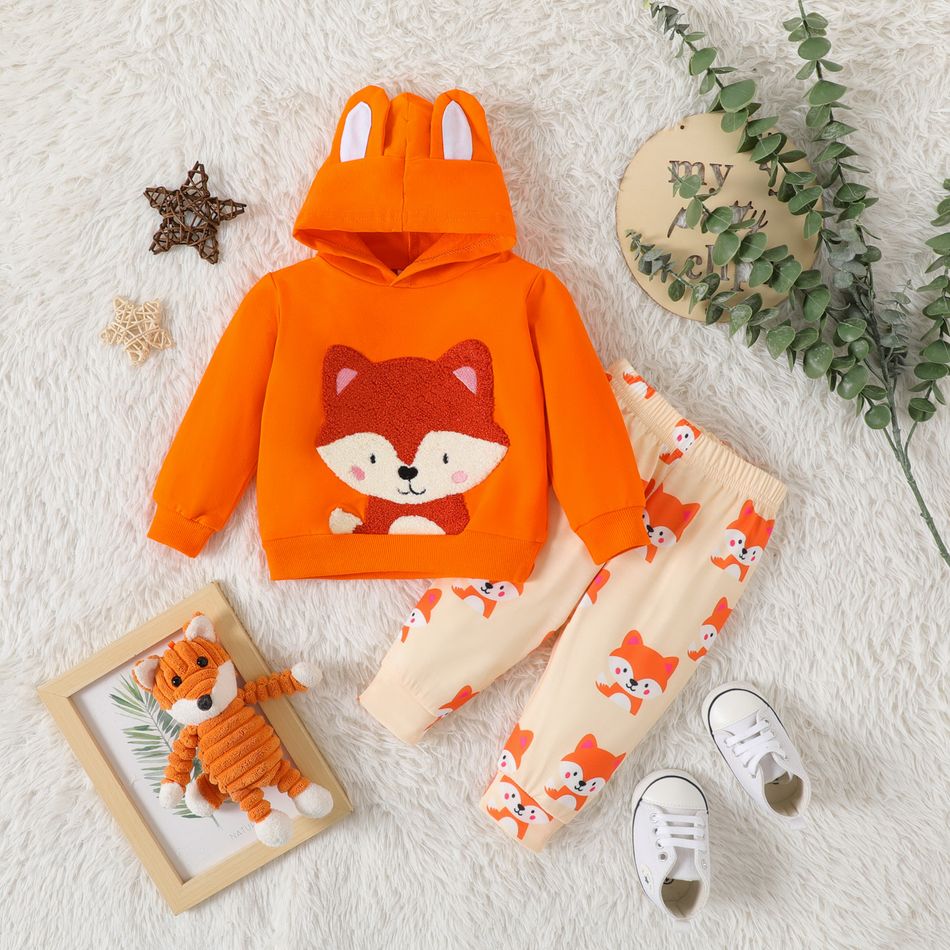 2pcs Baby Boy/Girl 100% Cotton Long-sleeve Fox Graphic Hoodie and Sweatpants Set Orange