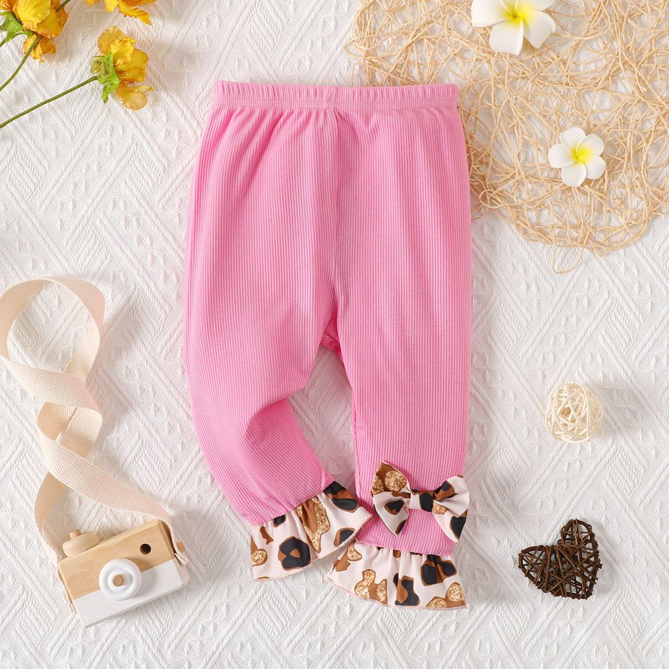 Baby Girl Leopard Print Bow Front Ruffle Trim Spliced Rib Knit Leggings Pink big image 1