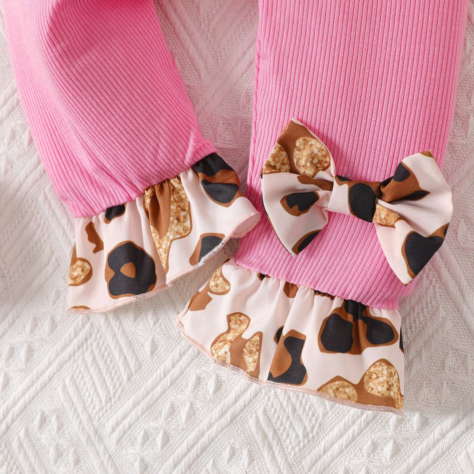 Baby Girl Leopard Print Bow Front Ruffle Trim Spliced Rib Knit Leggings Pink big image 5