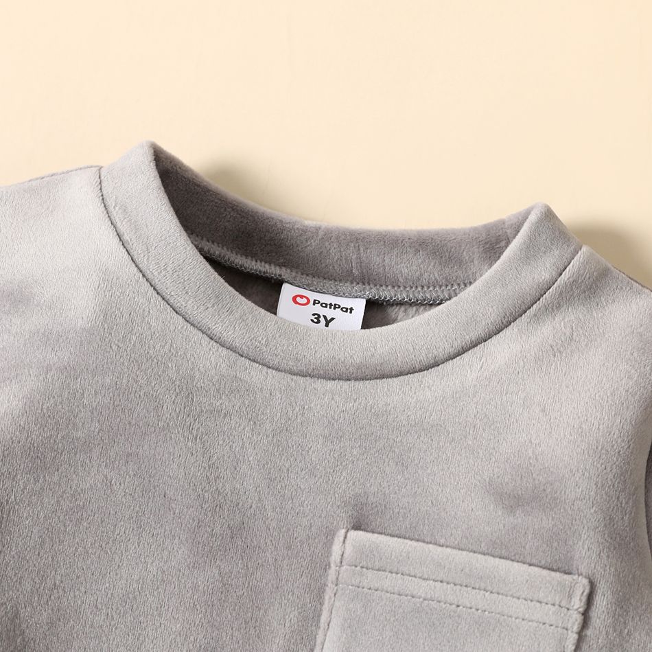 2pcs Toddler Boy Solid Color Pocket Design Velvet Sweatshirt and Pants Set Grey big image 3