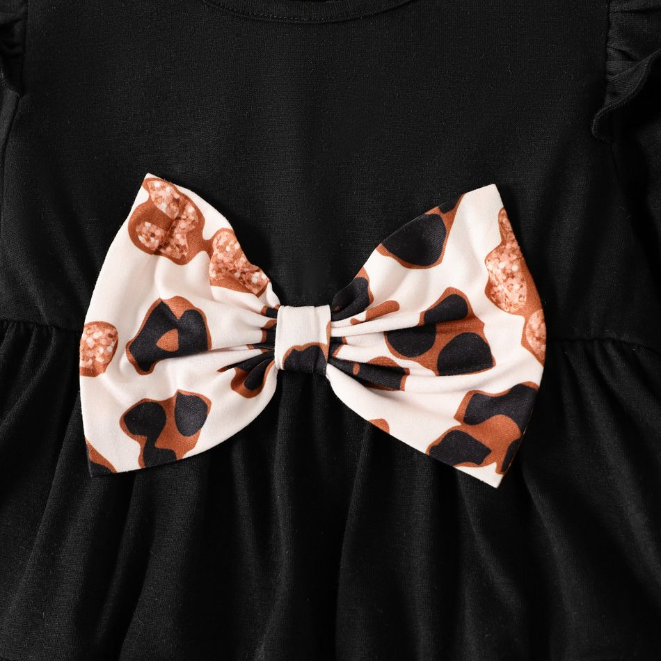 2pcs Baby Girl Bow Front Ruffle Trim Long-sleeve Top and Leopard Print Leggings Set Black big image 3
