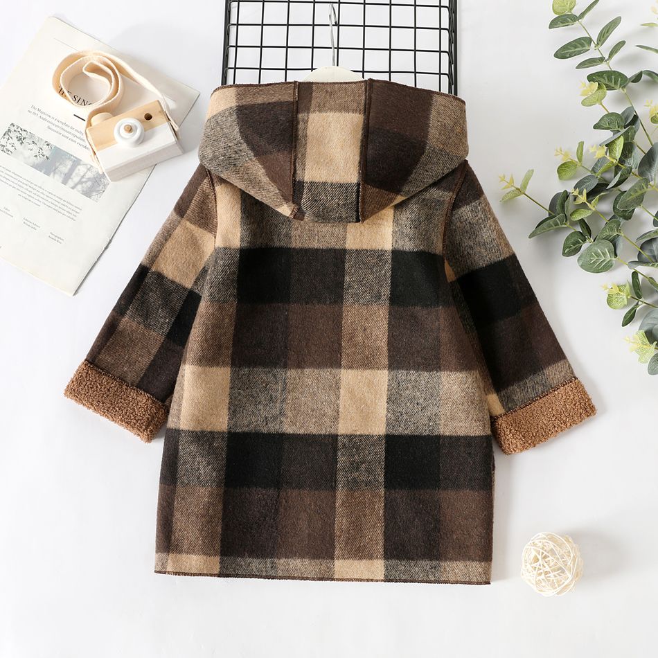Toddler Boy Classic Plaid Fleece Lined Button Design Hooded Overcoat Brown big image 3
