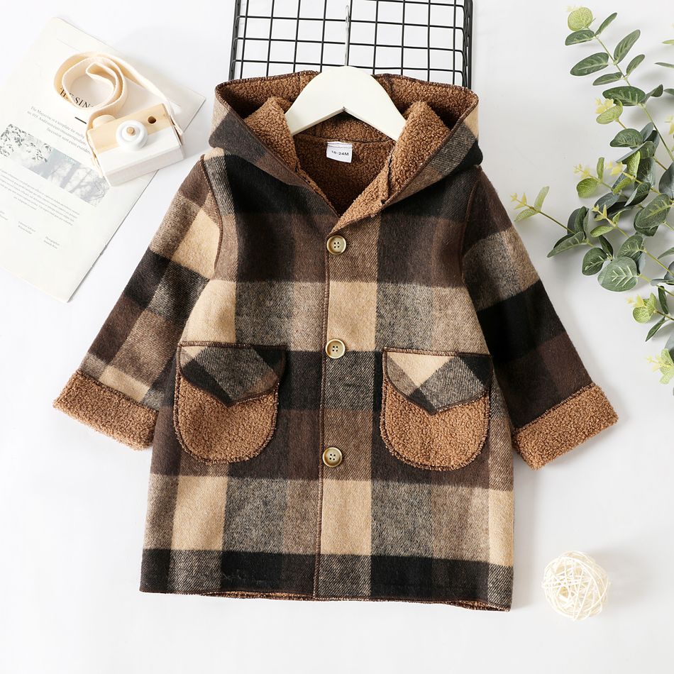 Toddler Boy Classic Plaid Fleece Lined Button Design Hooded Overcoat Brown