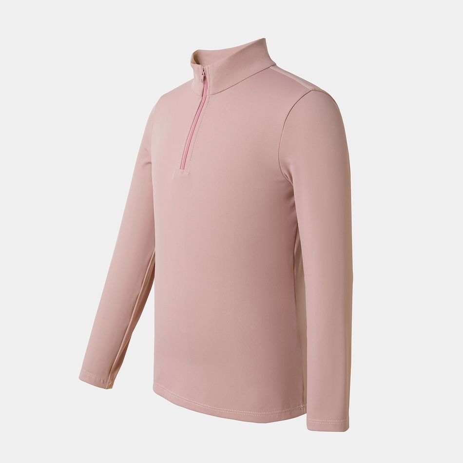 Activewear Kid Girl Stand Collar Zipper Design Solid Color Long-sleeve Tee Pink big image 2