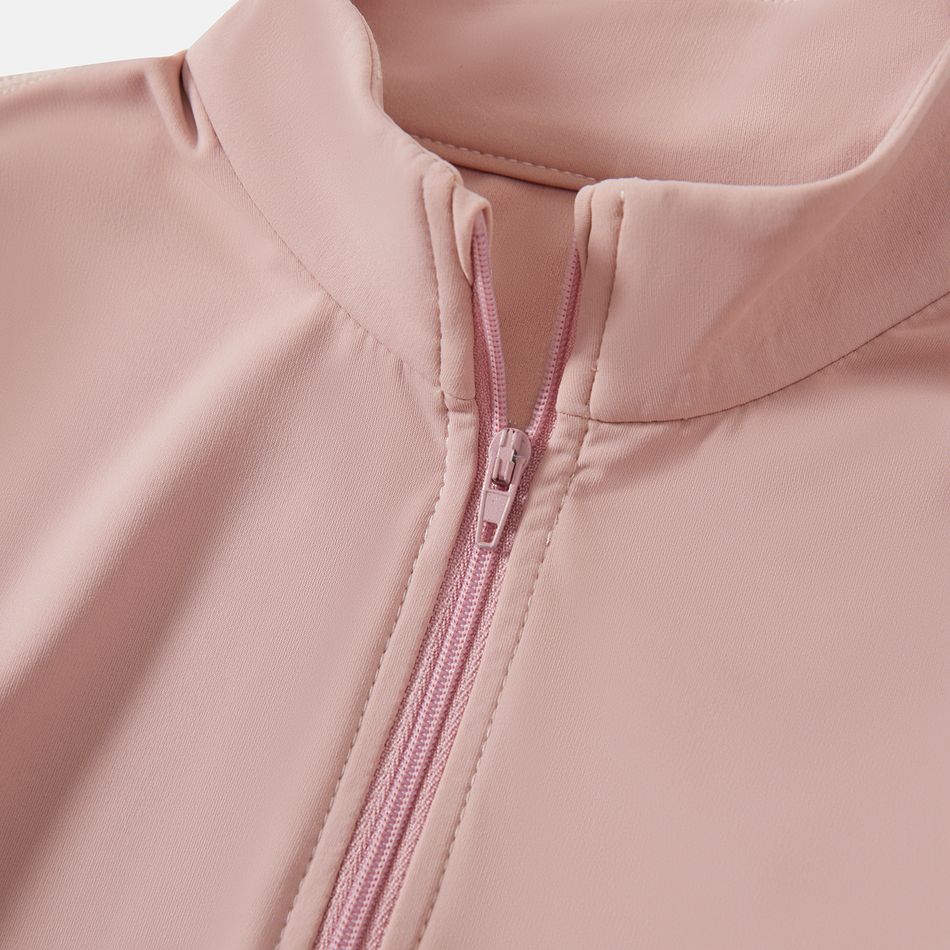 Activewear Kid Girl Stand Collar Zipper Design Solid Color Long-sleeve Tee Pink big image 4