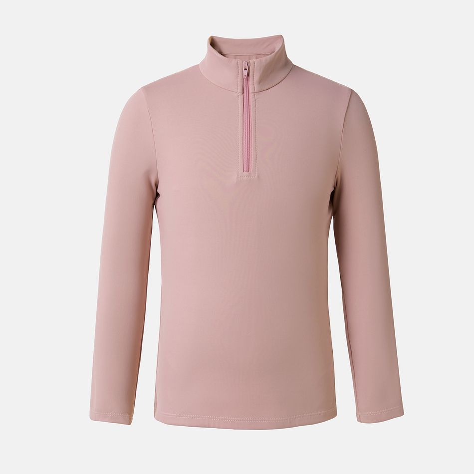 Activewear Kid Girl Stand Collar Zipper Design Solid Color Long-sleeve Tee Pink big image 5