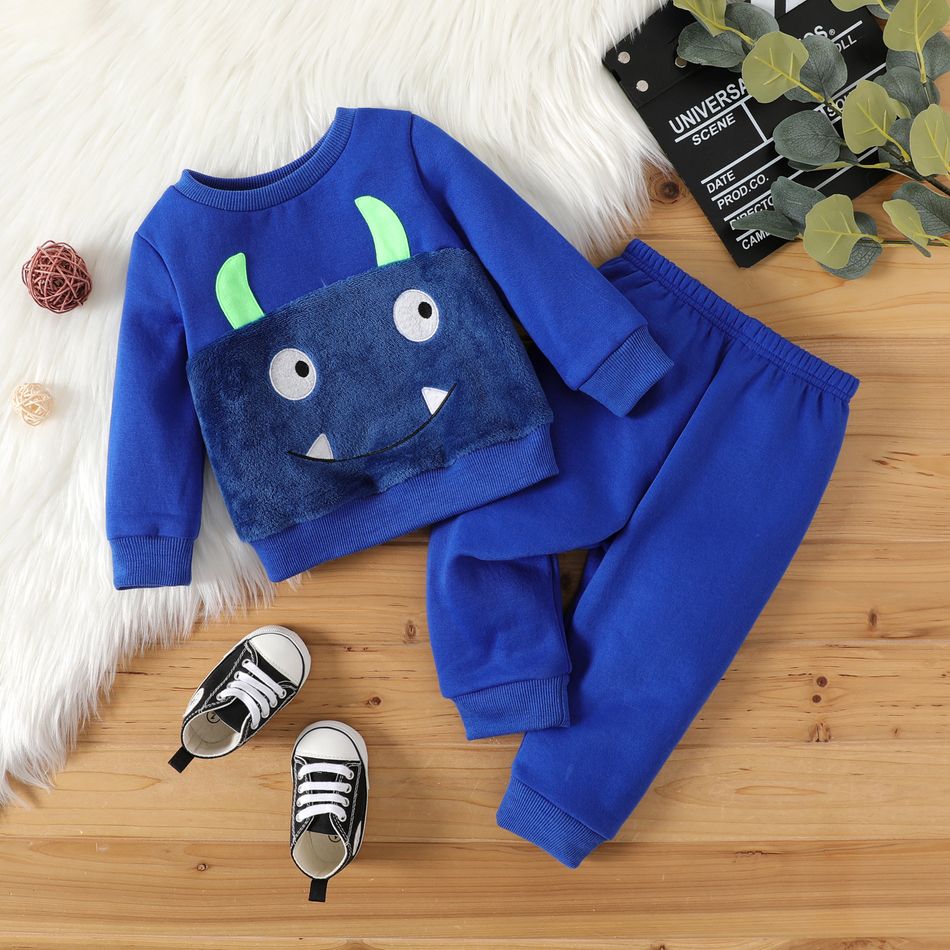 2pcs Baby Boy Monster Embroidered Spliced Fuzzy Long-sleeve Sweatshirt and Sweatpants Set Blue big image 1