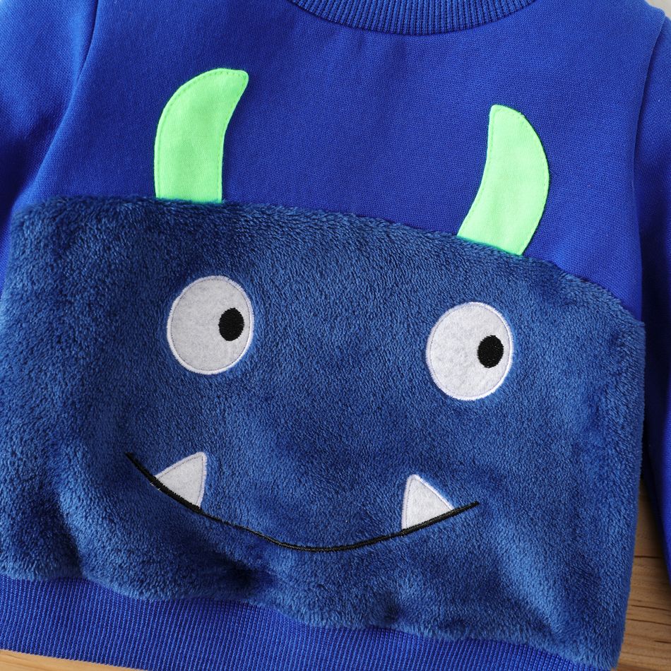 2pcs Baby Boy Monster Embroidered Spliced Fuzzy Long-sleeve Sweatshirt and Sweatpants Set Blue big image 3