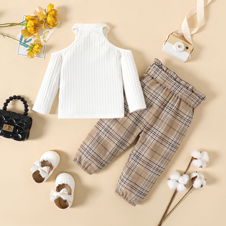 3pcs Baby Girl Rib Knit Halter Off Shoulder Long-sleeve Top and Plaid Paperbag Waist Pants Set White big image 2