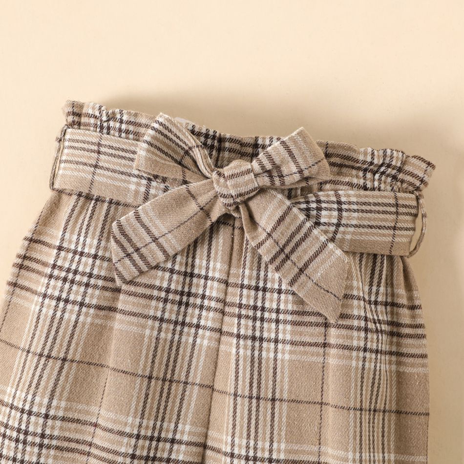 3pcs Baby Girl Rib Knit Halter Off Shoulder Long-sleeve Top and Plaid Paperbag Waist Pants Set White big image 4