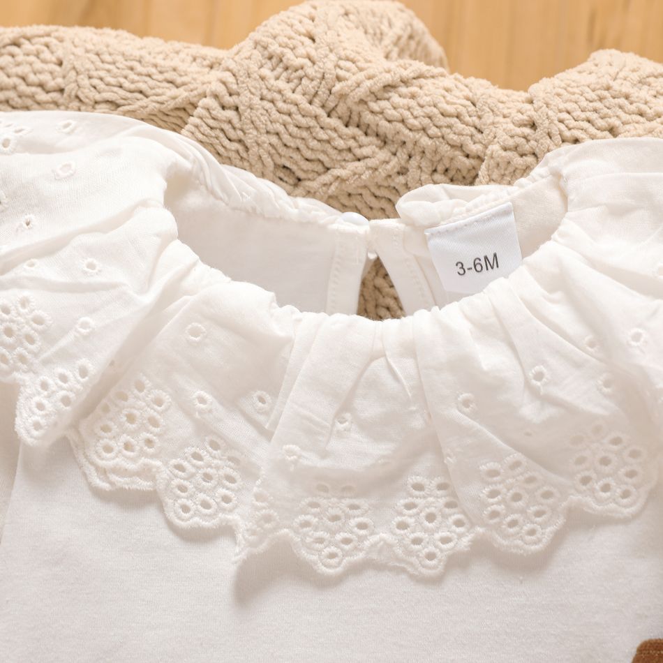 2pcs Baby Girl 95% Cotton Long-sleeve Ruffle Collar Top and Polka Dot Print Overall Dress Set Brown big image 4
