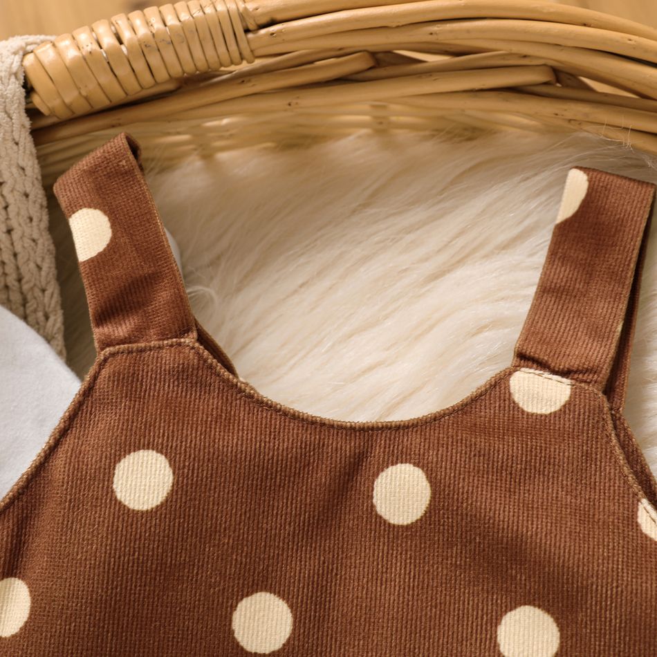 2pcs Baby Girl 95% Cotton Long-sleeve Ruffle Collar Top and Polka Dot Print Overall Dress Set Brown big image 6