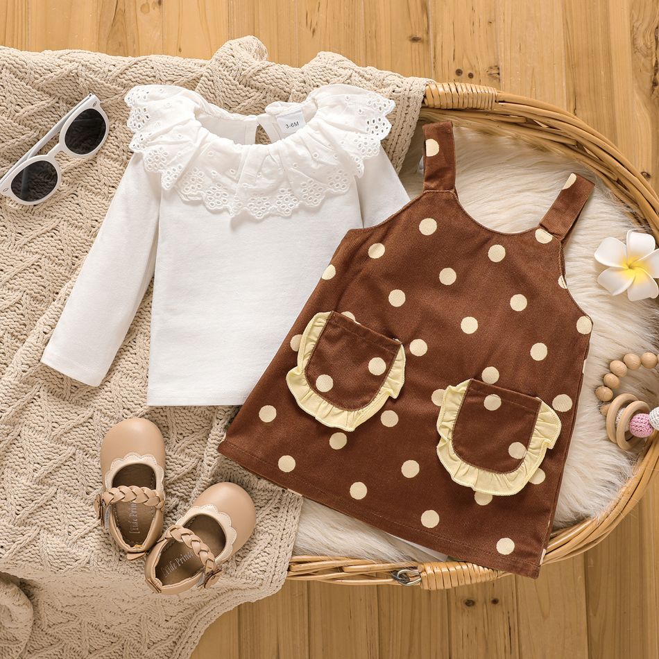 2pcs Baby Girl 95% Cotton Long-sleeve Ruffle Collar Top and Polka Dot Print Overall Dress Set Brown big image 2