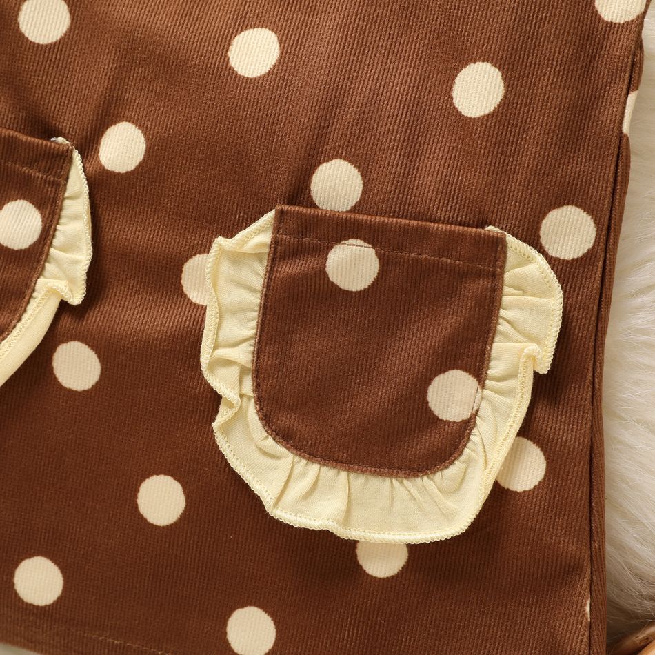2pcs Baby Girl 95% Cotton Long-sleeve Ruffle Collar Top and Polka Dot Print Overall Dress Set Brown big image 5