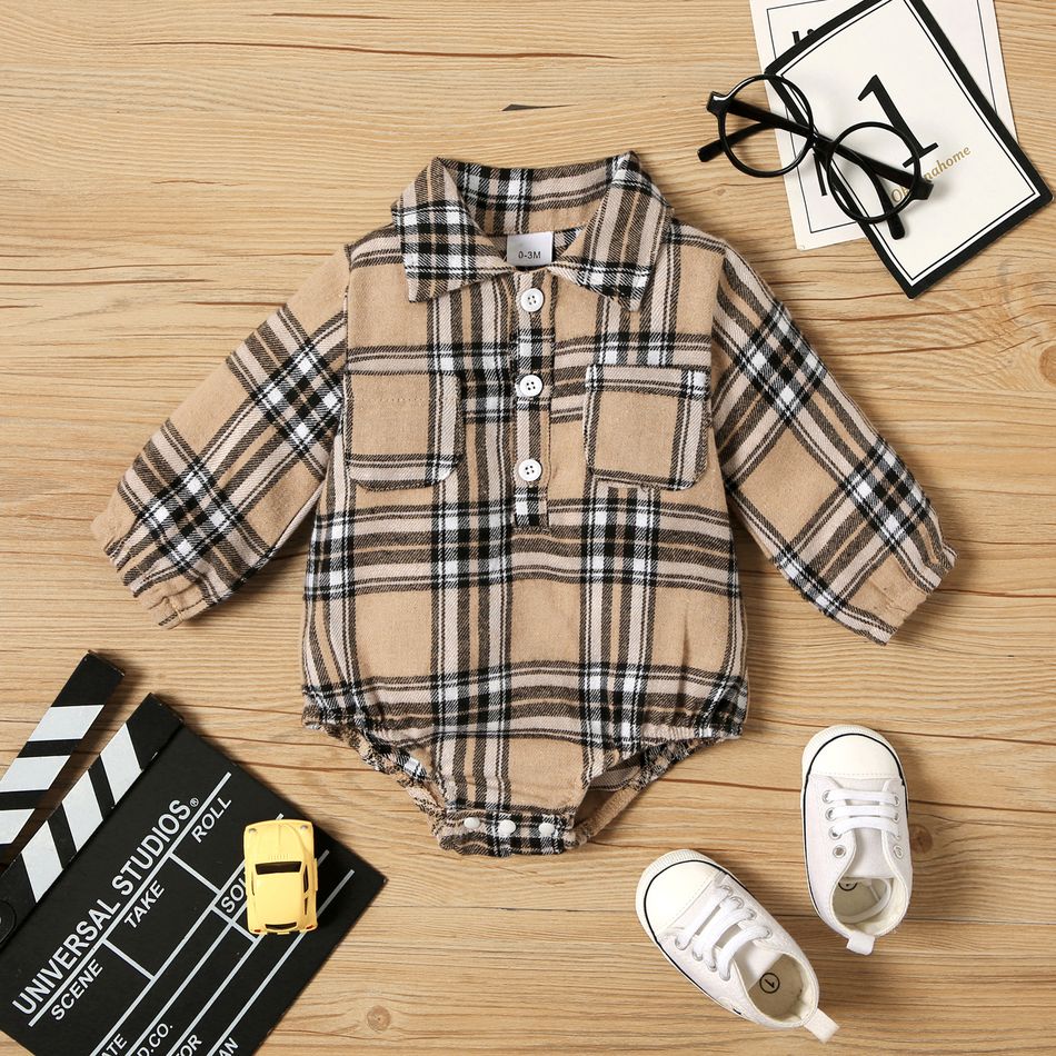 Baby Boy/Girl Long-sleeve Button Front Brown Plaid Romper Brown