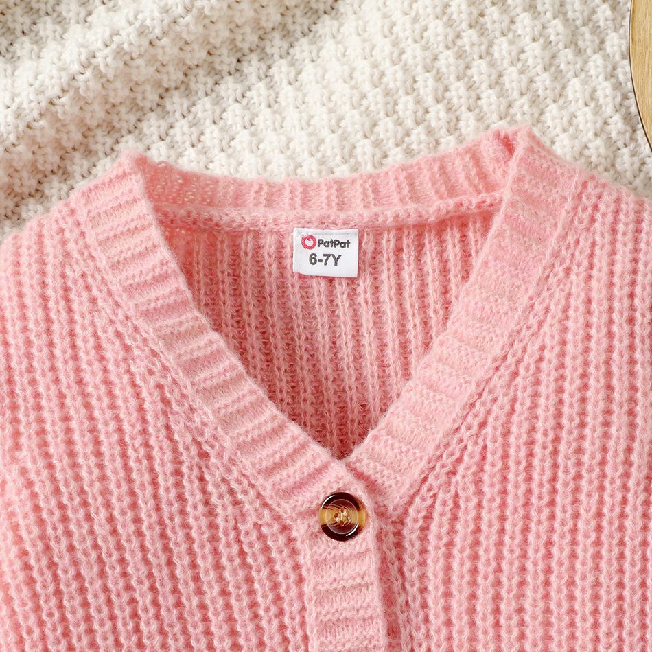 Kid Girl Button Design Solid Color Knit Sweater Cardigan Pink big image 4