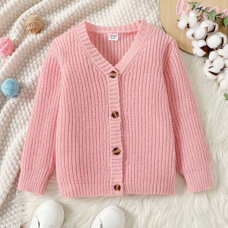 Kid Girl Button Design Solid Color Knit Sweater Cardigan Pink big image 1