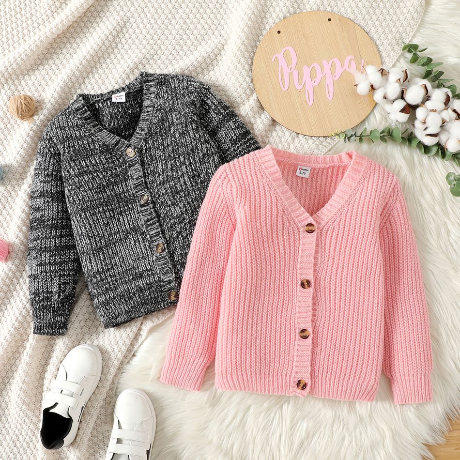 Kid Girl Button Design Solid Color Knit Sweater Cardigan Pink big image 2