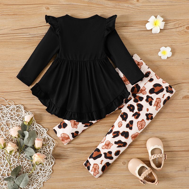 2pcs Baby Girl Bow Front Ruffle Trim Long-sleeve Top and Leopard Print Leggings Set Black big image 2
