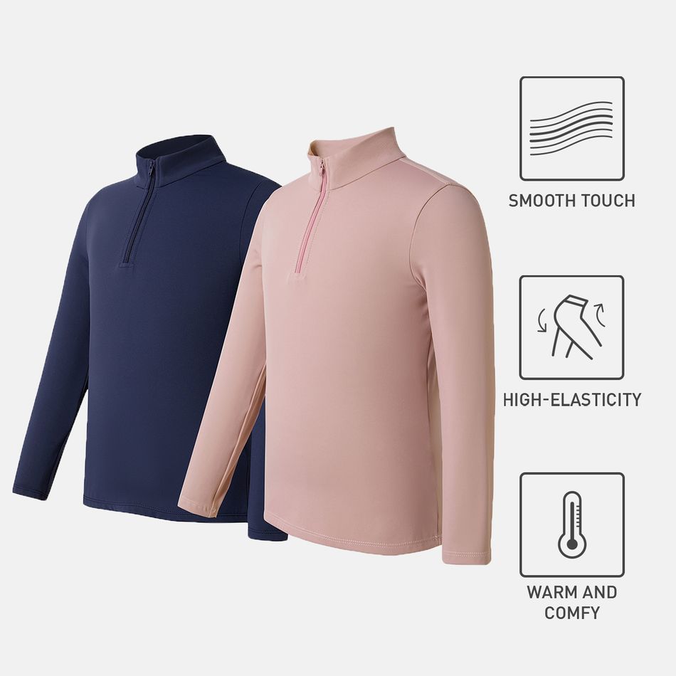 Activewear Kid Girl Stand Collar Zipper Design Solid Color Long-sleeve Tee Pink