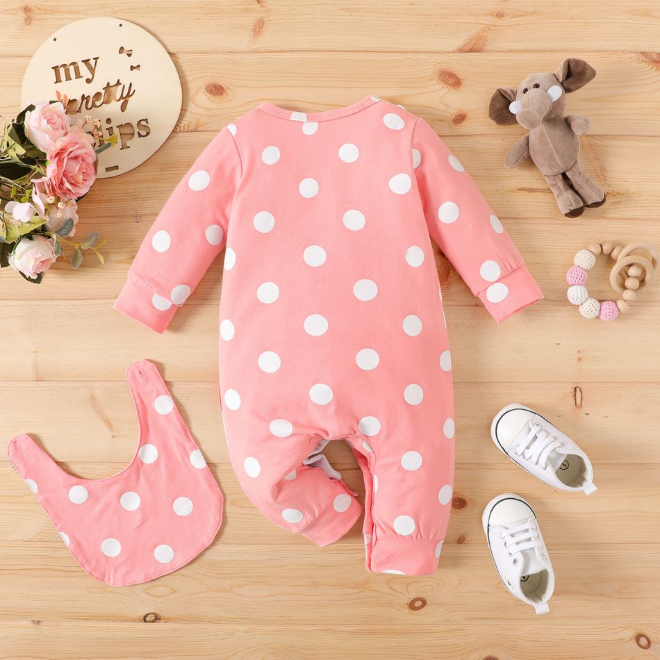 2pcs Baby Girl 95% Cotton Long-sleeve Polka Dot & Elephant Print Spliced Jumpsuit with Bib Set Pink big image 5
